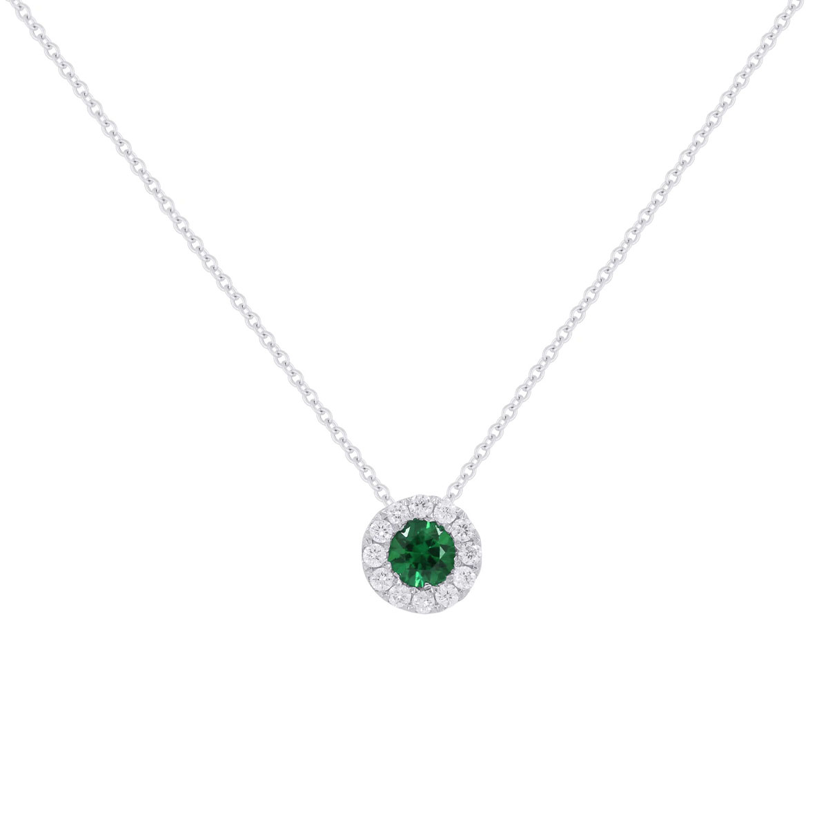 14K White Gold Emerald and Diamond Halo Pendant with Chain