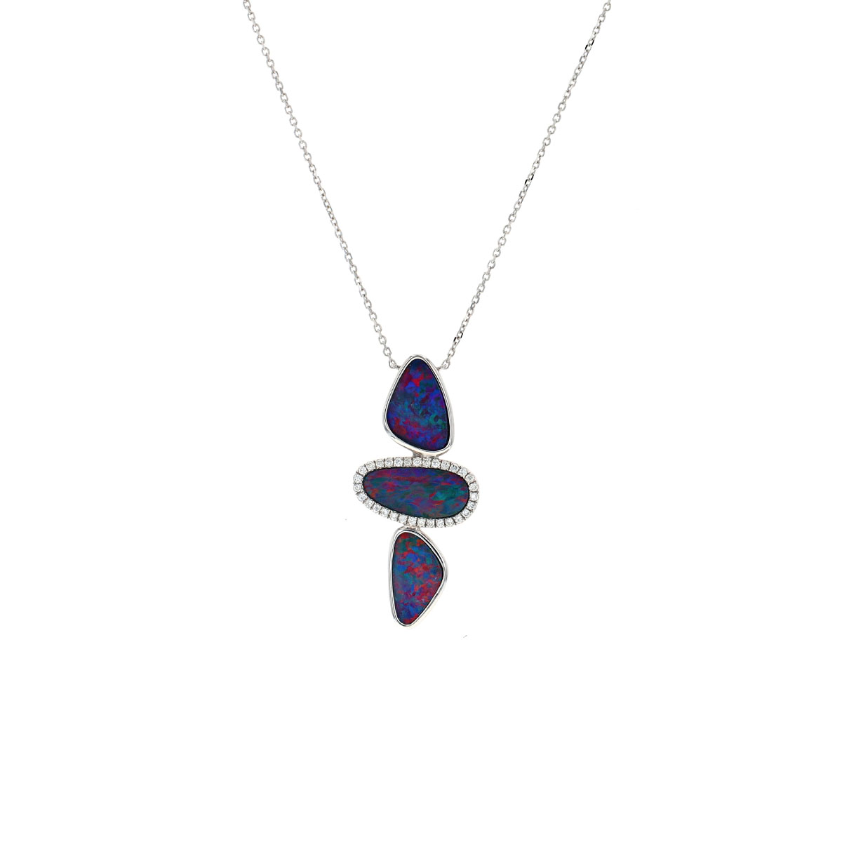 14K White Gold Triple Opal Doublet and Diamond Necklace