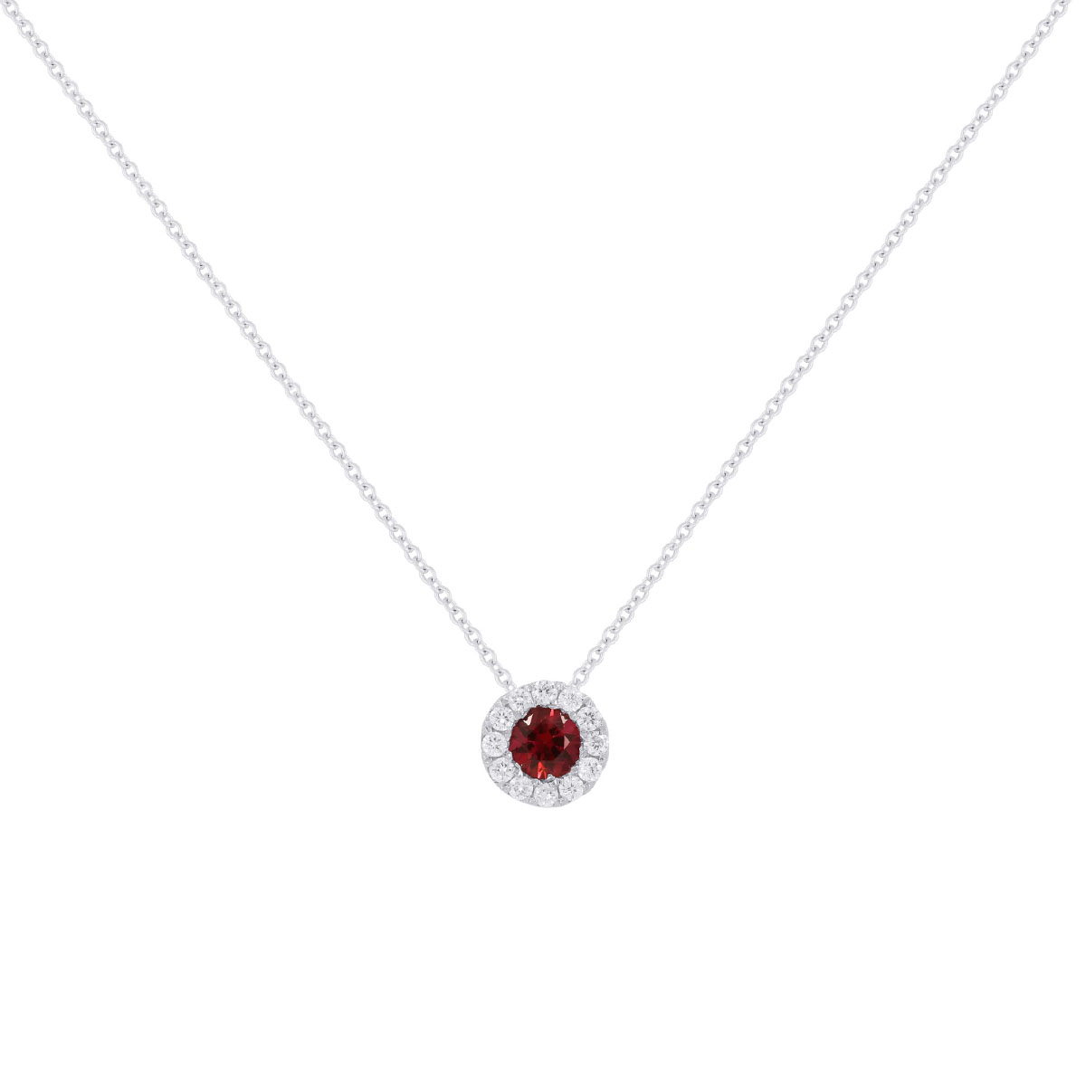 14K White Gold Ruby and Diamond Halo Pendant with Chain