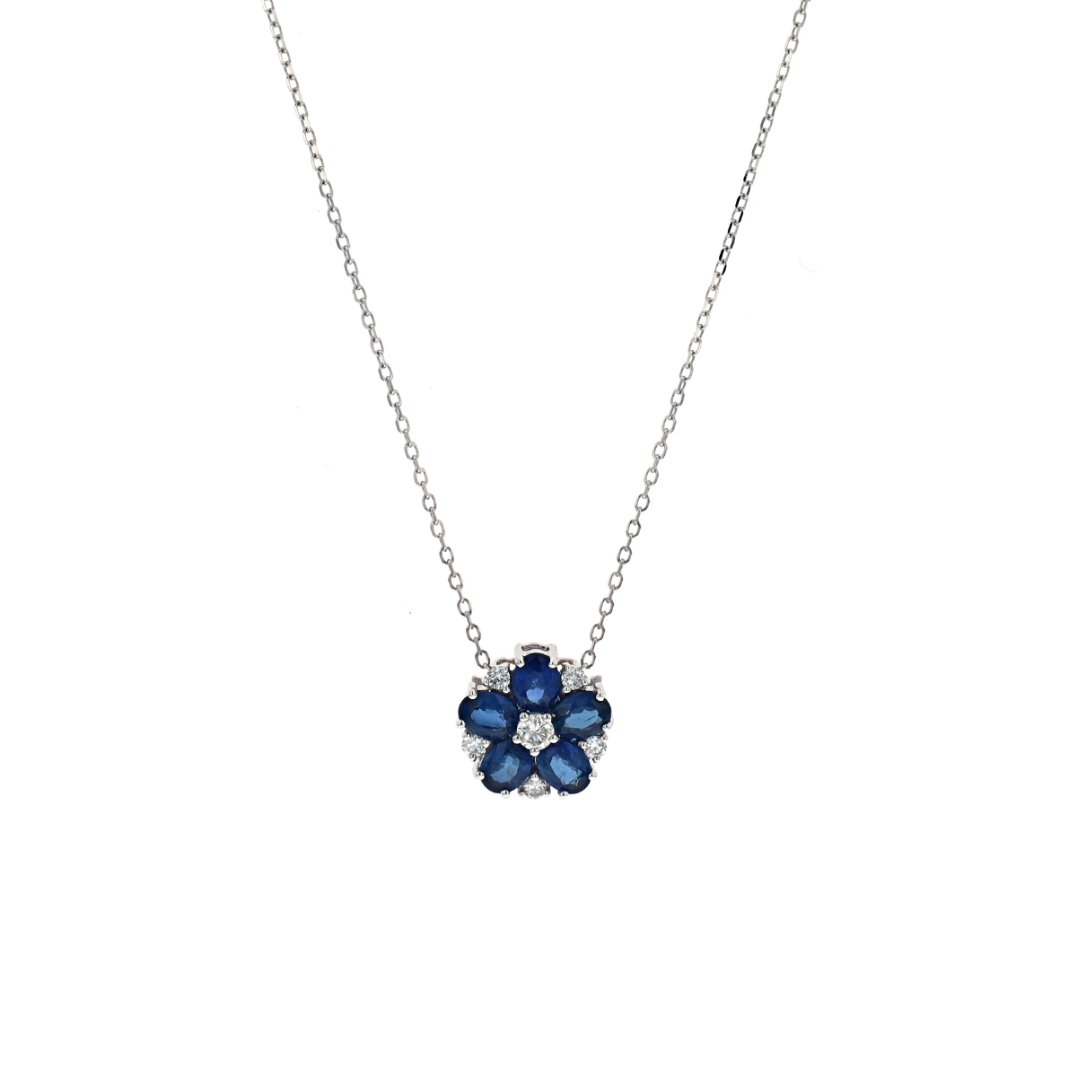 14K White Gold Sapphireand Diamond Flower Pendant with Chain