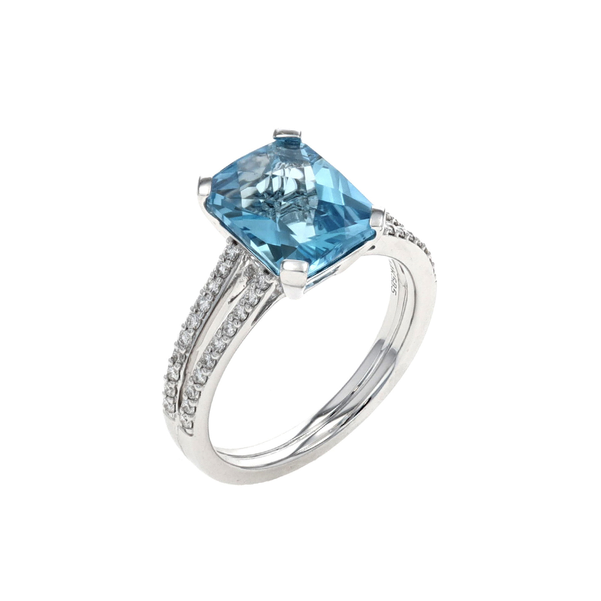 14K White Gold Emerald-Cut Swiss Blue Topaz and Diamond Ring