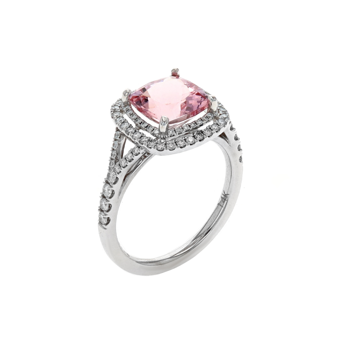 14K White Gold Cushion Pink Morganite and Double Diamond Halo Ring
