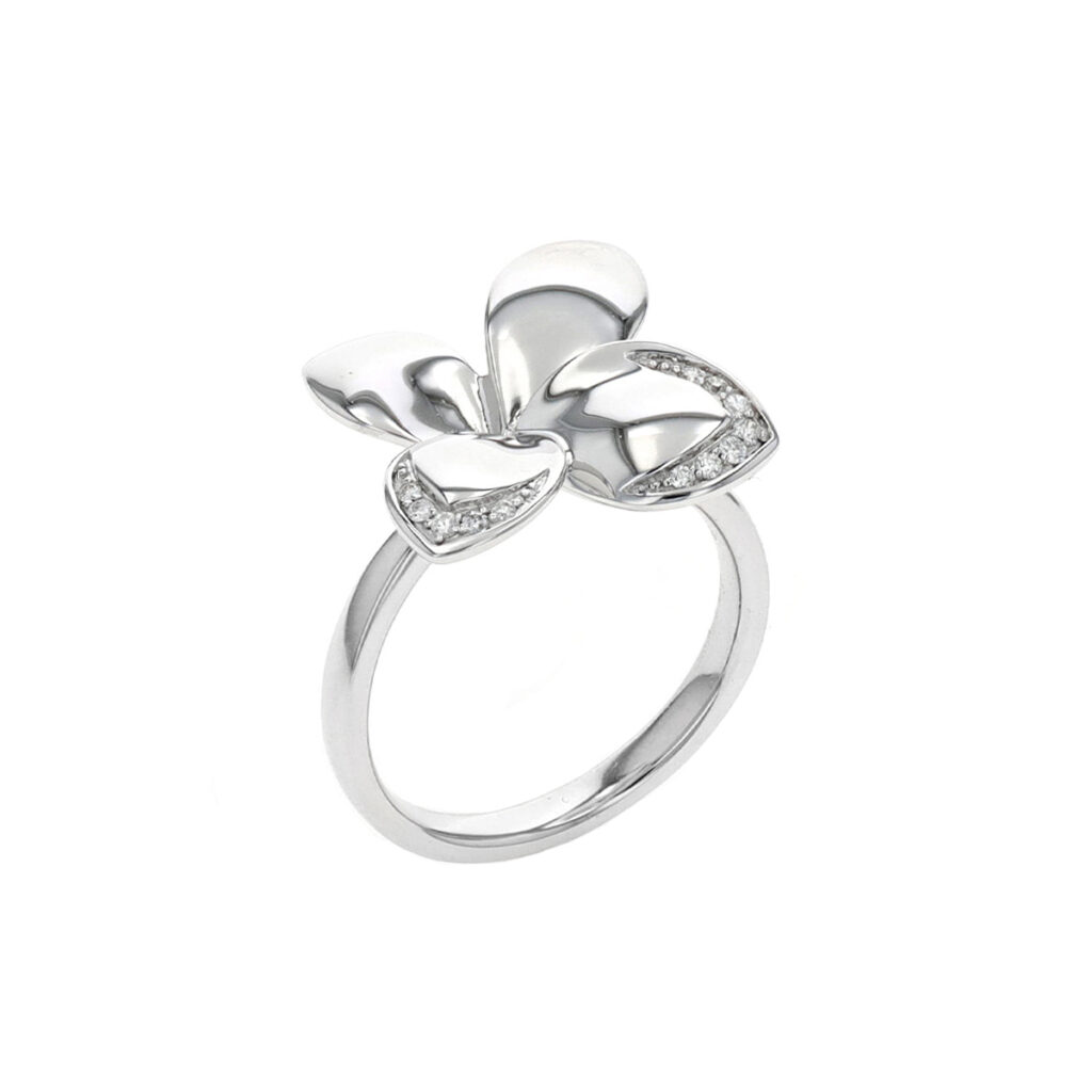 14K White Gold Plated Geometric Floral Ring With Crystals