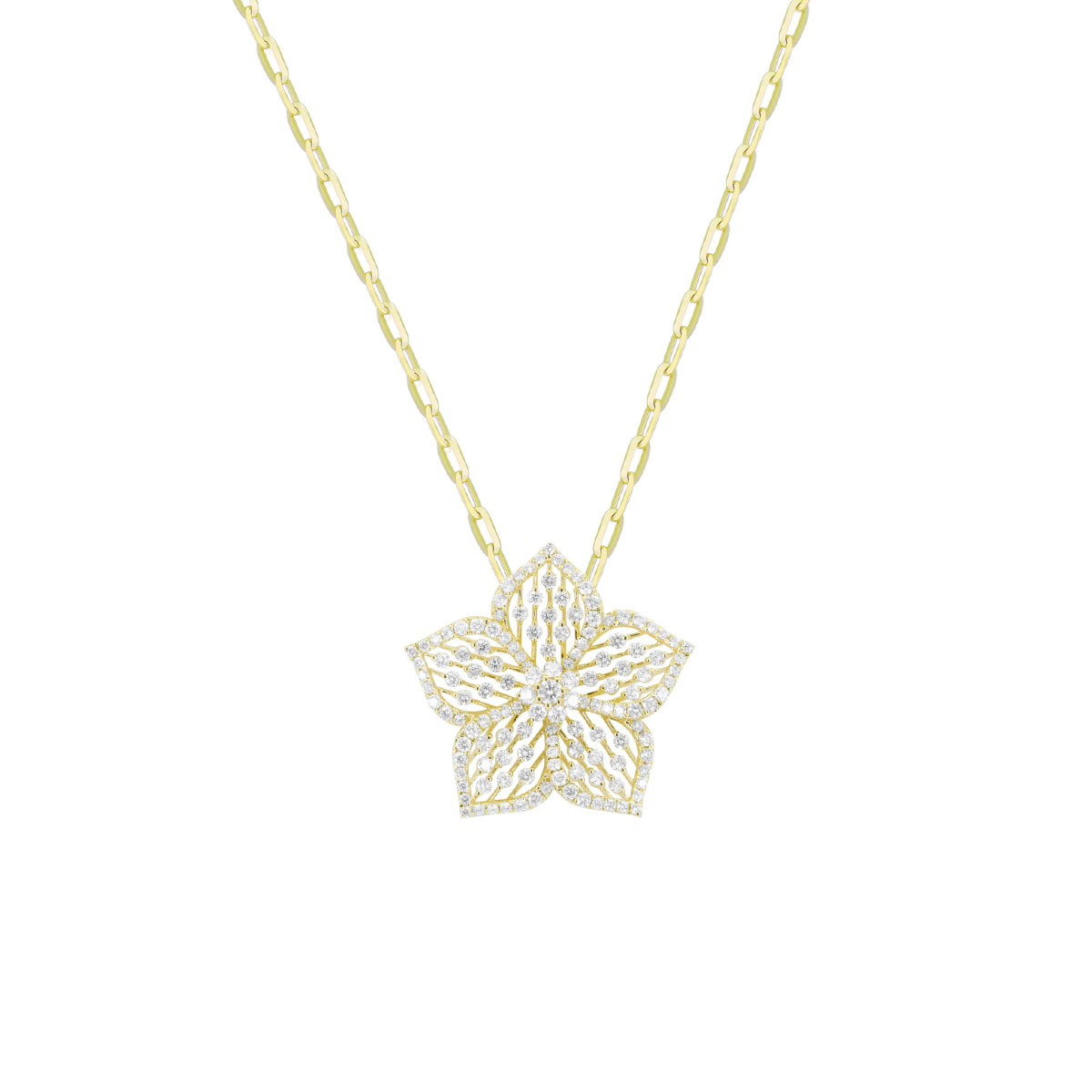 14K Yellow Gold Diamond Flower Paperclip Necklace