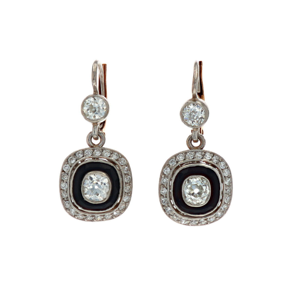 Estate Platinum and 18K Yellow Gold Onxy and Diamond Earrings
