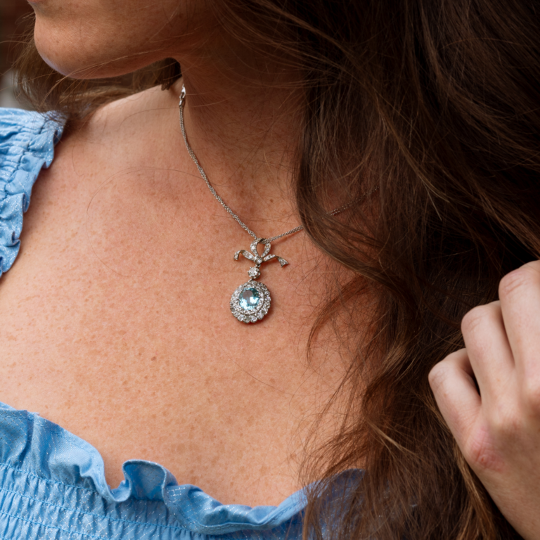 Estate Platinum and 18K Yellow Gold Victorian Oval Aquamarine and Diamond Pendant