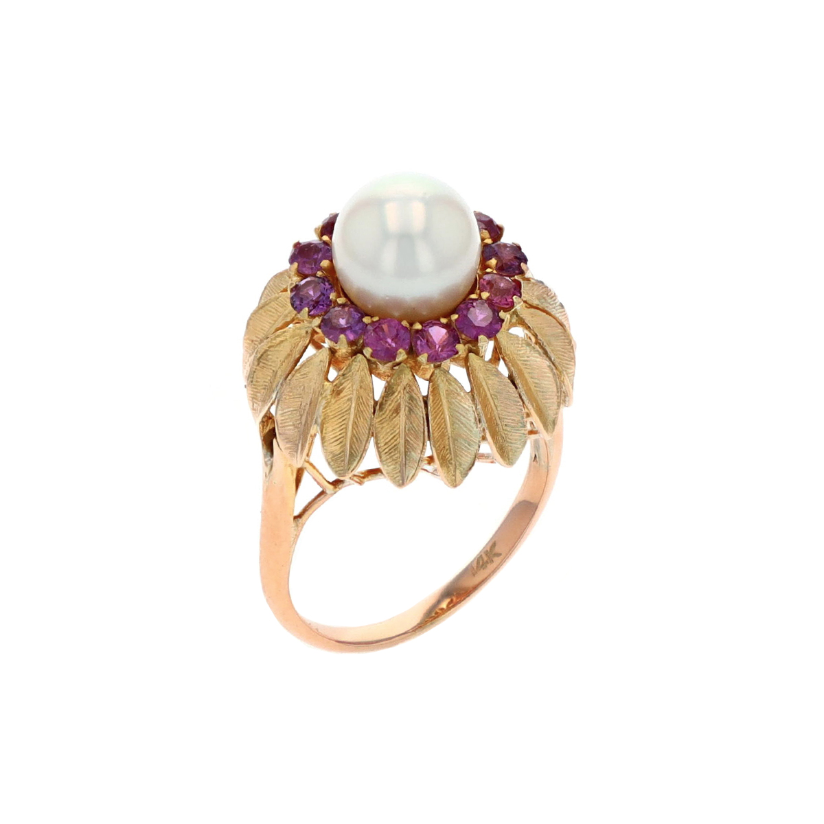 Estate 14K Yellow Gold Akoya Pearl and Ruby Ring