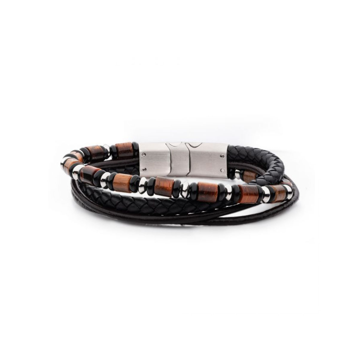 Stainless Steel Leather, Onyx, and Tiger Eye Bead Bracelet