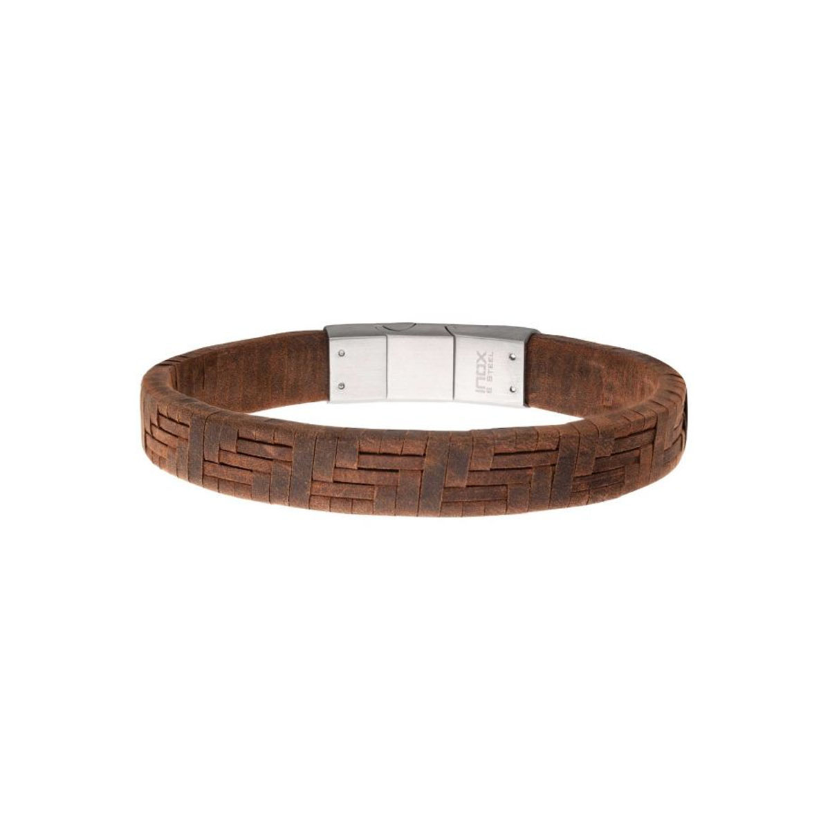 Stainless Steel Brown Leather Twill Weave Bracelet