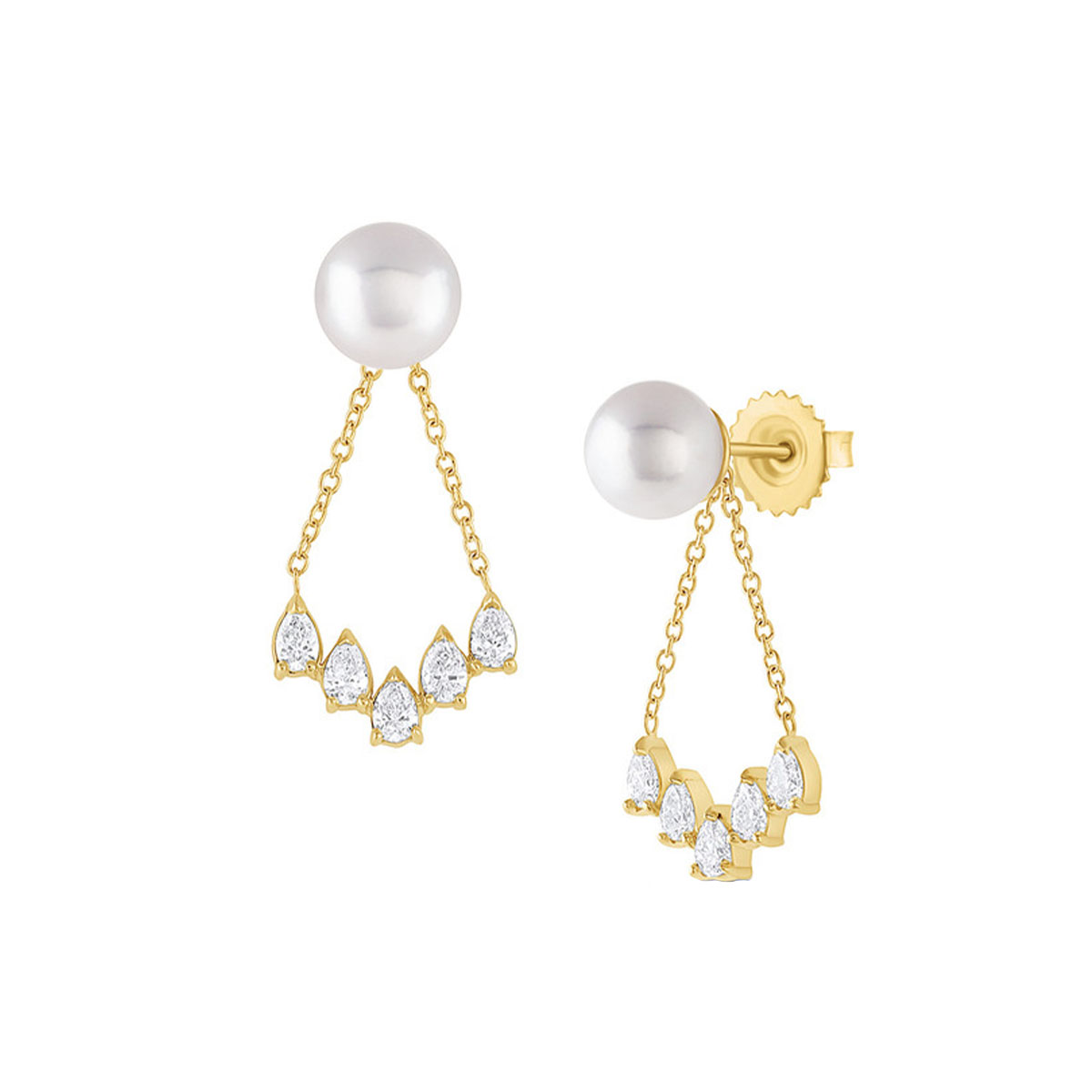 14K Yellow Gold Akoya Pearl and Diamond Chandelier Earrings
