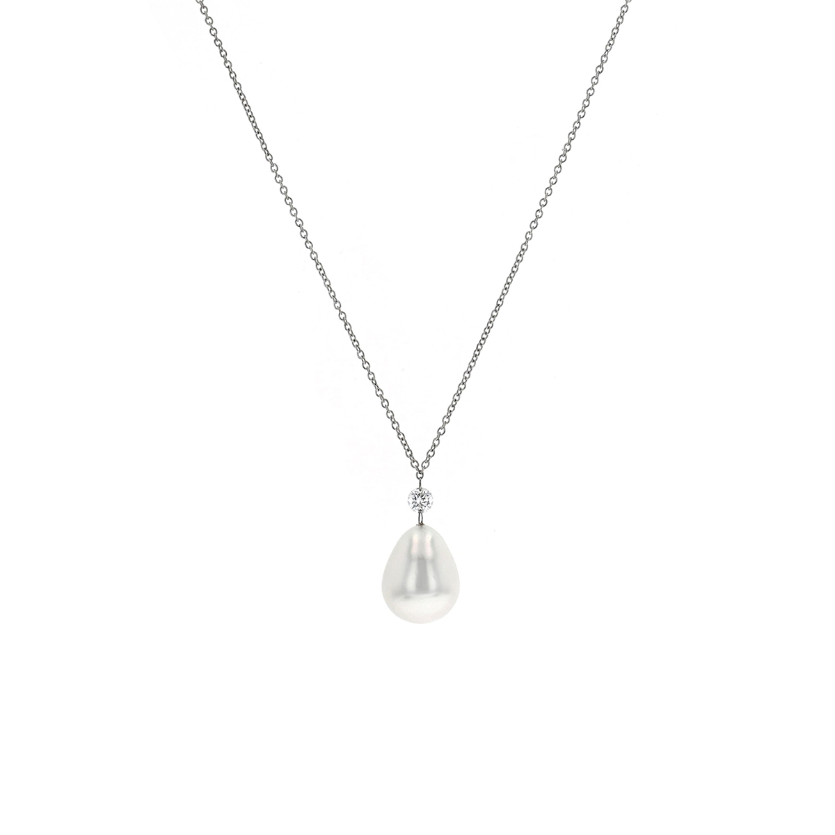 14K White Gold South Sea Pearl Drop and Diamond Necklace