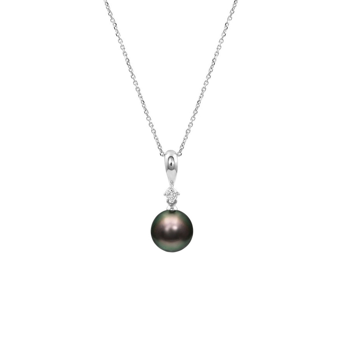 14K White Gold Tahitian Pearl and Diamond Pendant with Chain