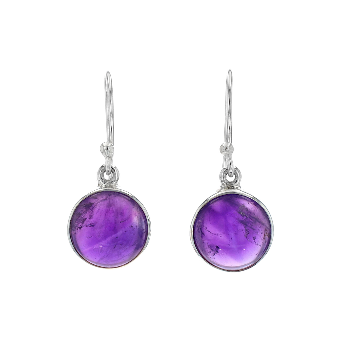 Sterling Silver Round Amethyst Cabochon Dangle Earrings