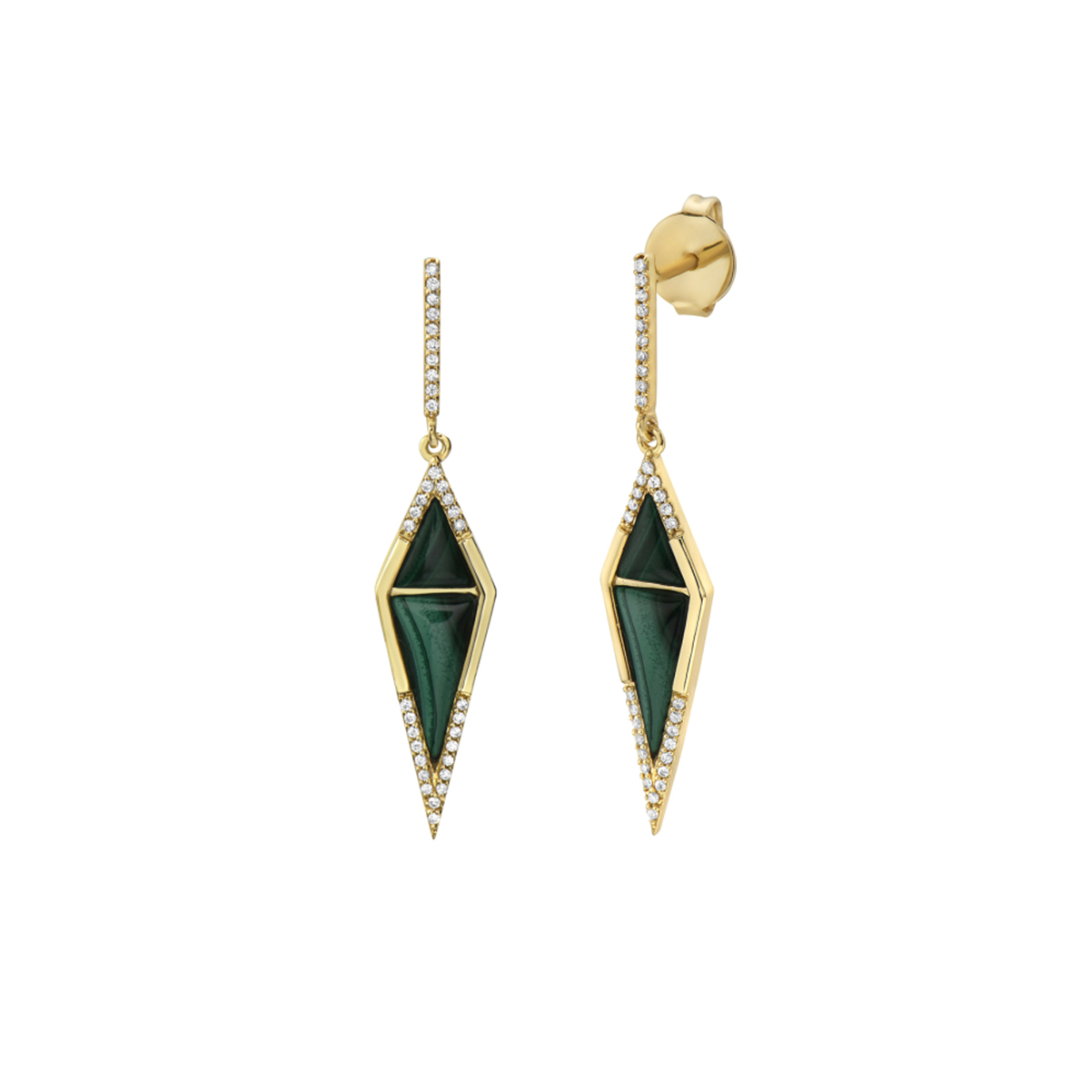 14K Yellow Gold Triangle Malachite and Diamond Earrings