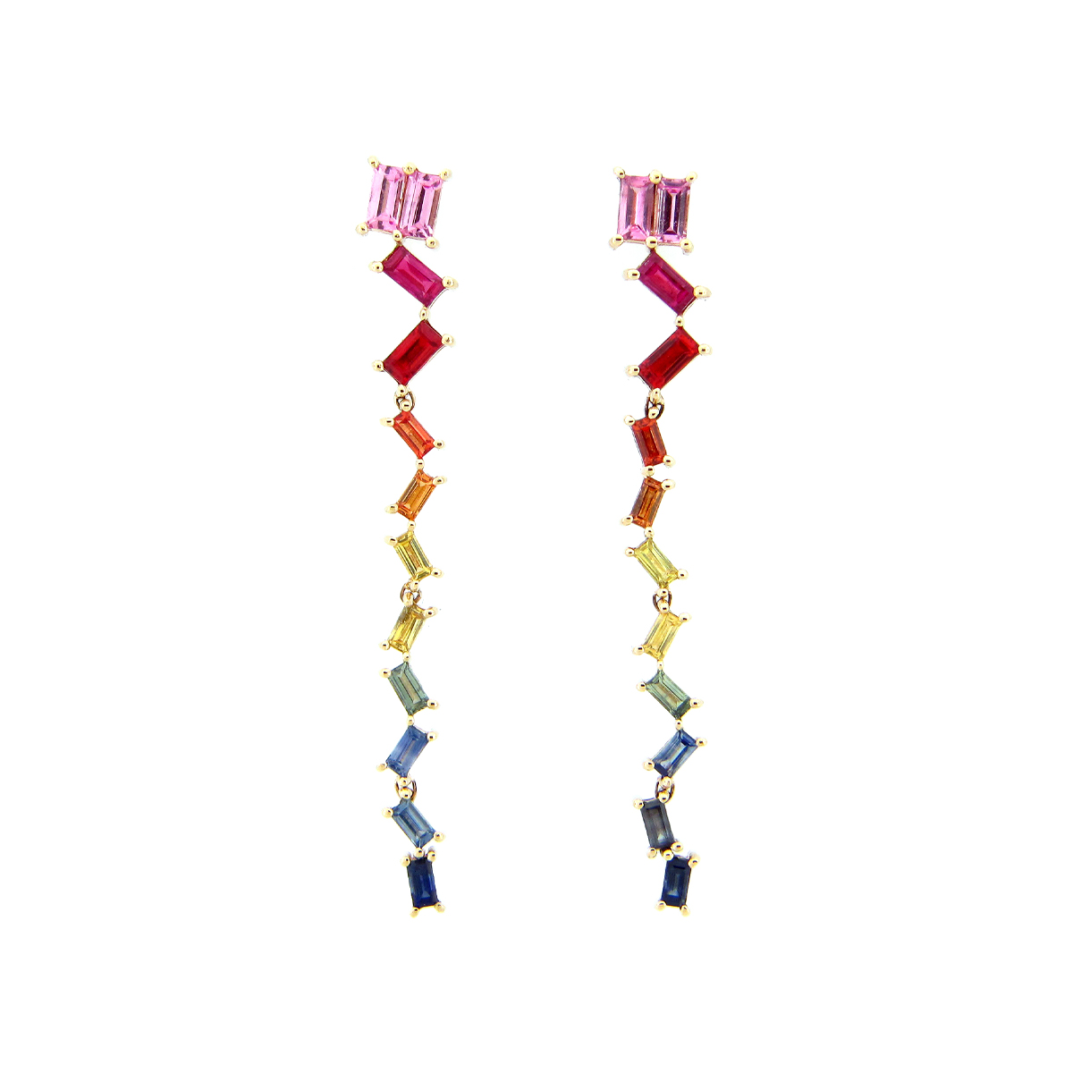 14K Yellow Gold Rainbow Sapphire Dangle Earrings