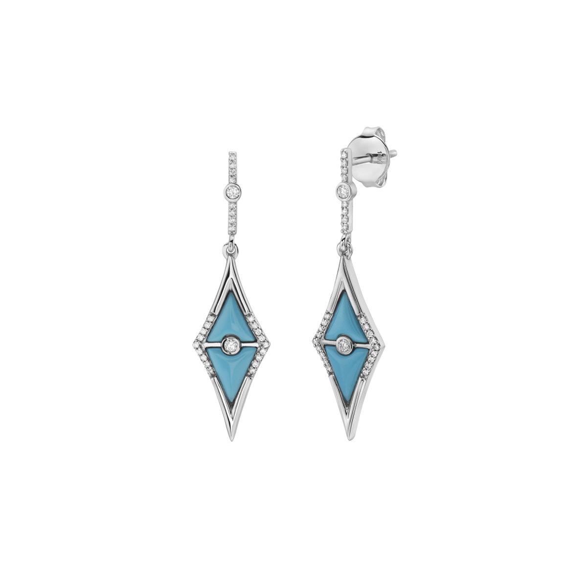 14K White Gold Triangle Turquoise and Diamond Earrings
