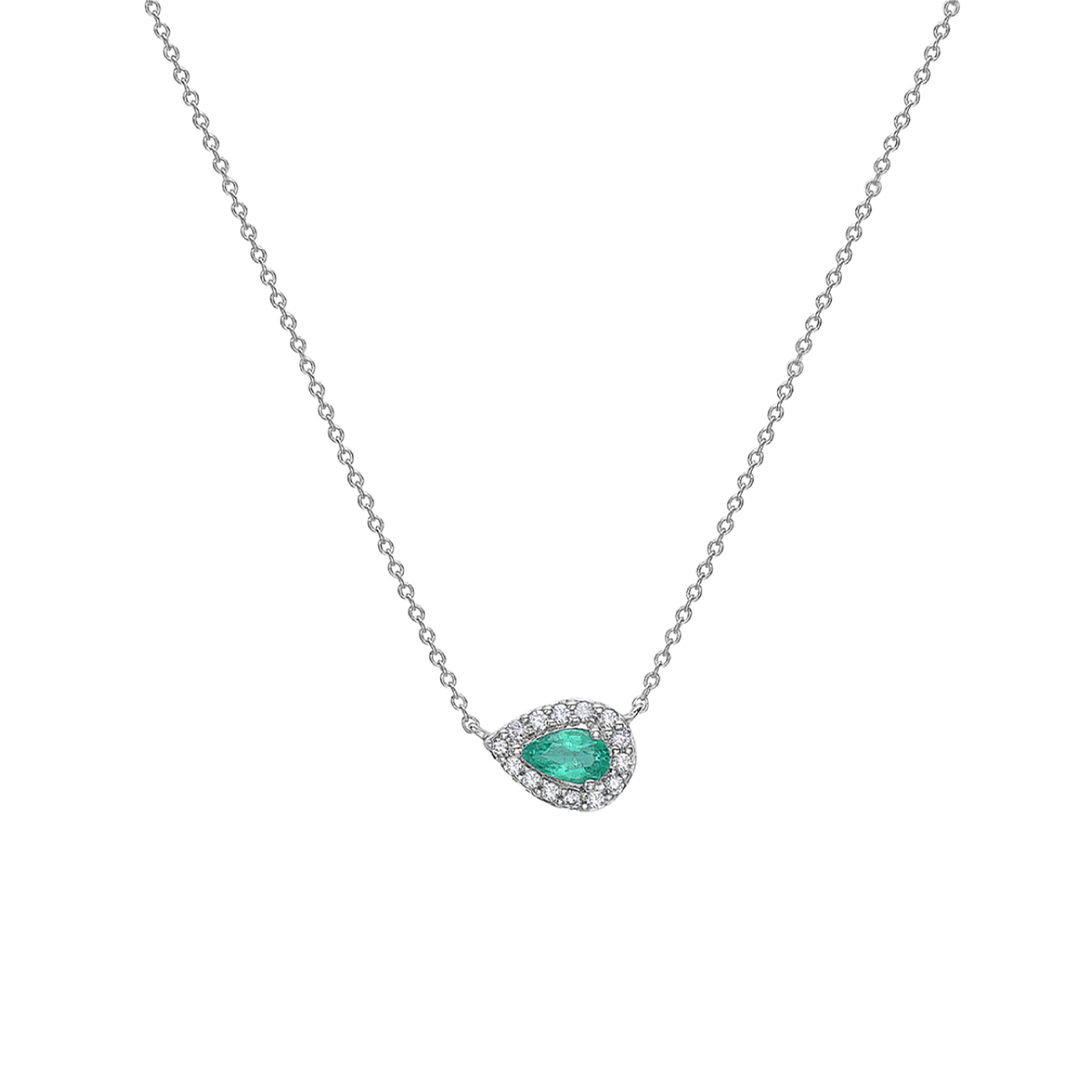 14K White Gold Pear Emerald and Diamond Necklace