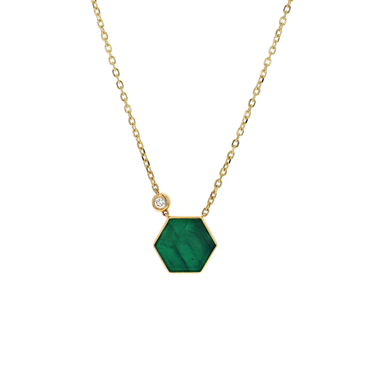 14K Yellow Gold Hexagonal Emerald and Diamond Necklace