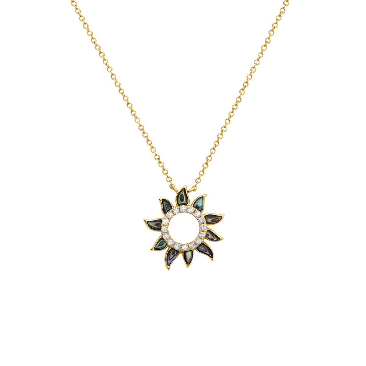 14K Yellow Gold Abalone and Diamond Sun Pendant with Chain