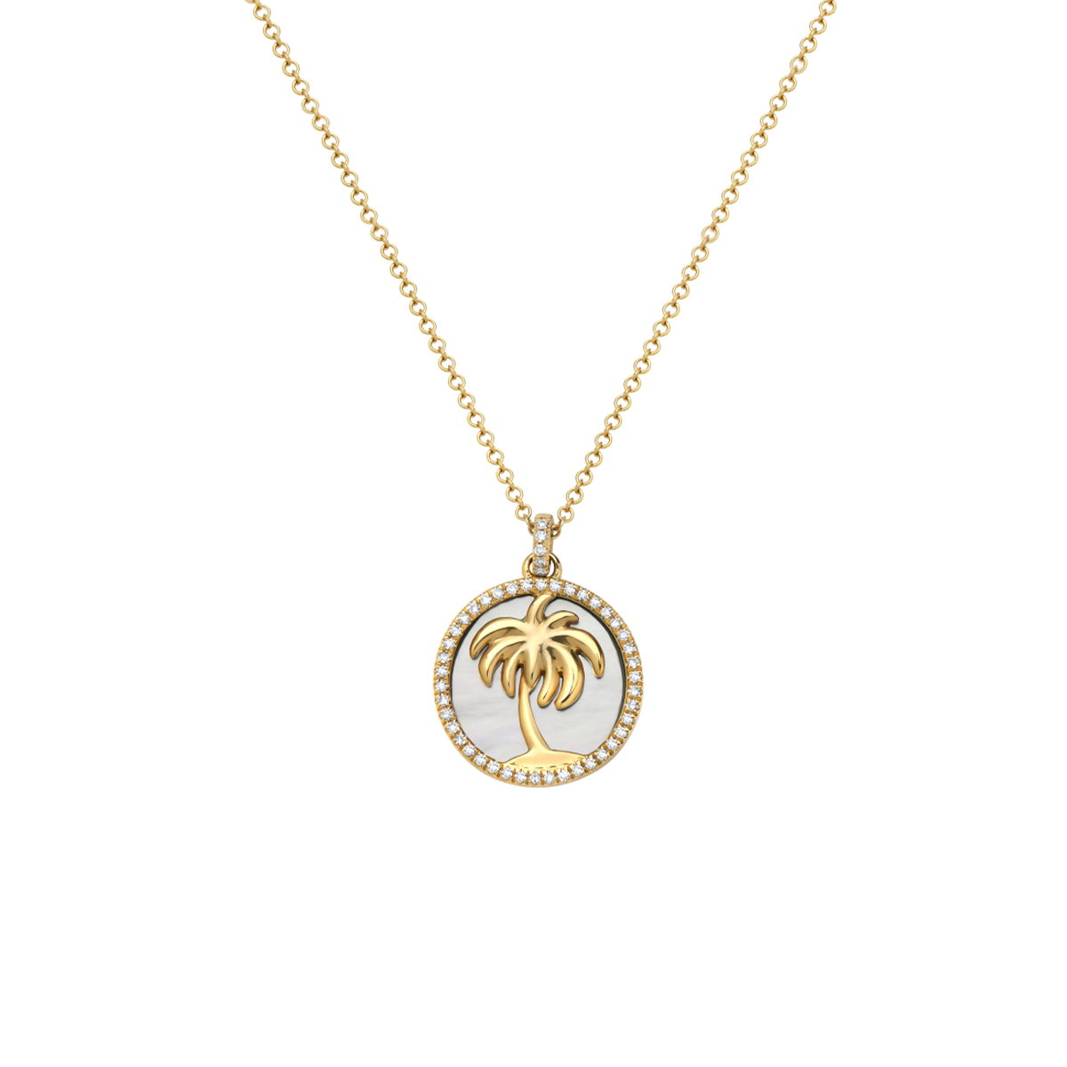 14K Yellow Gold Palm Tree Mother-of-Pearl and Diamond Pendant with Chain