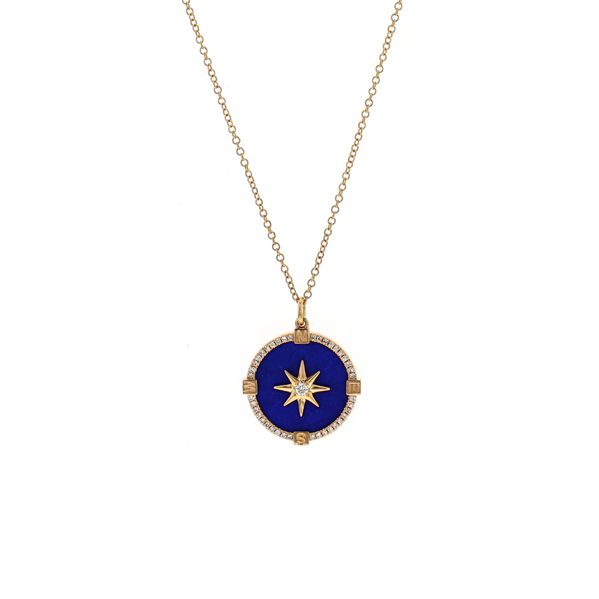 14K Yellow Gold Lapis and Diamond Compass Pendant with Chain