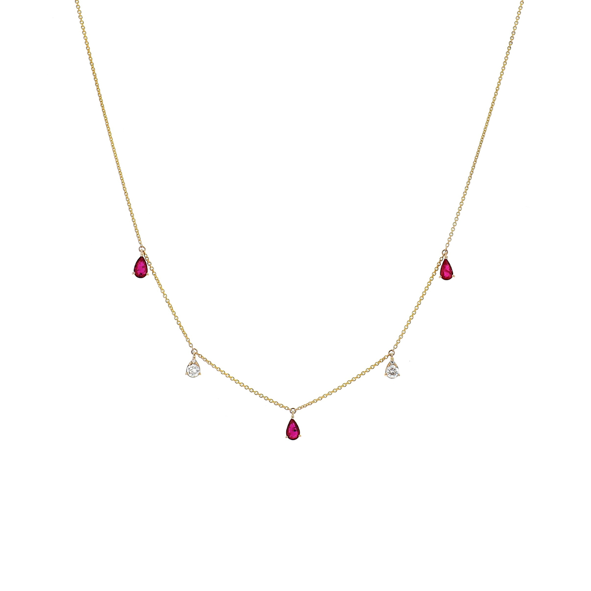 14K Yellow Gold Ruby and Diamond Station Dangle Necklace