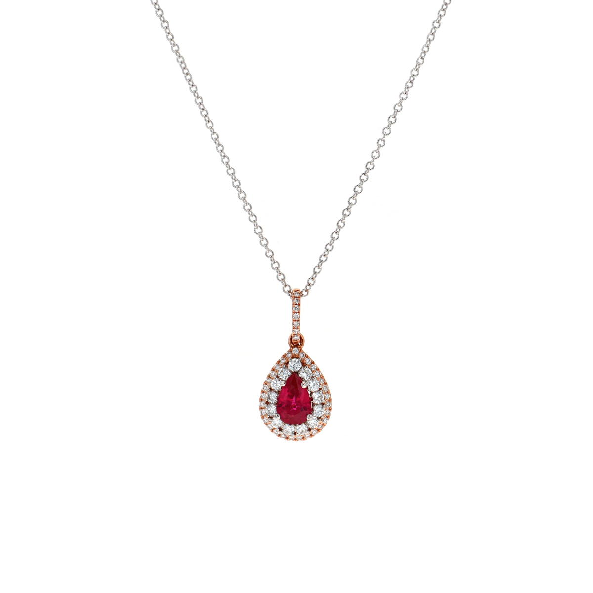 18K Two-Tone Pear Ruby and Diamond Halo Pendant with Chain
