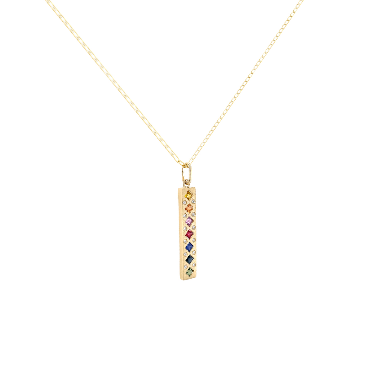 14K Yellow Gold Princess Rainbow Sapphire Bar Pendant with Chain