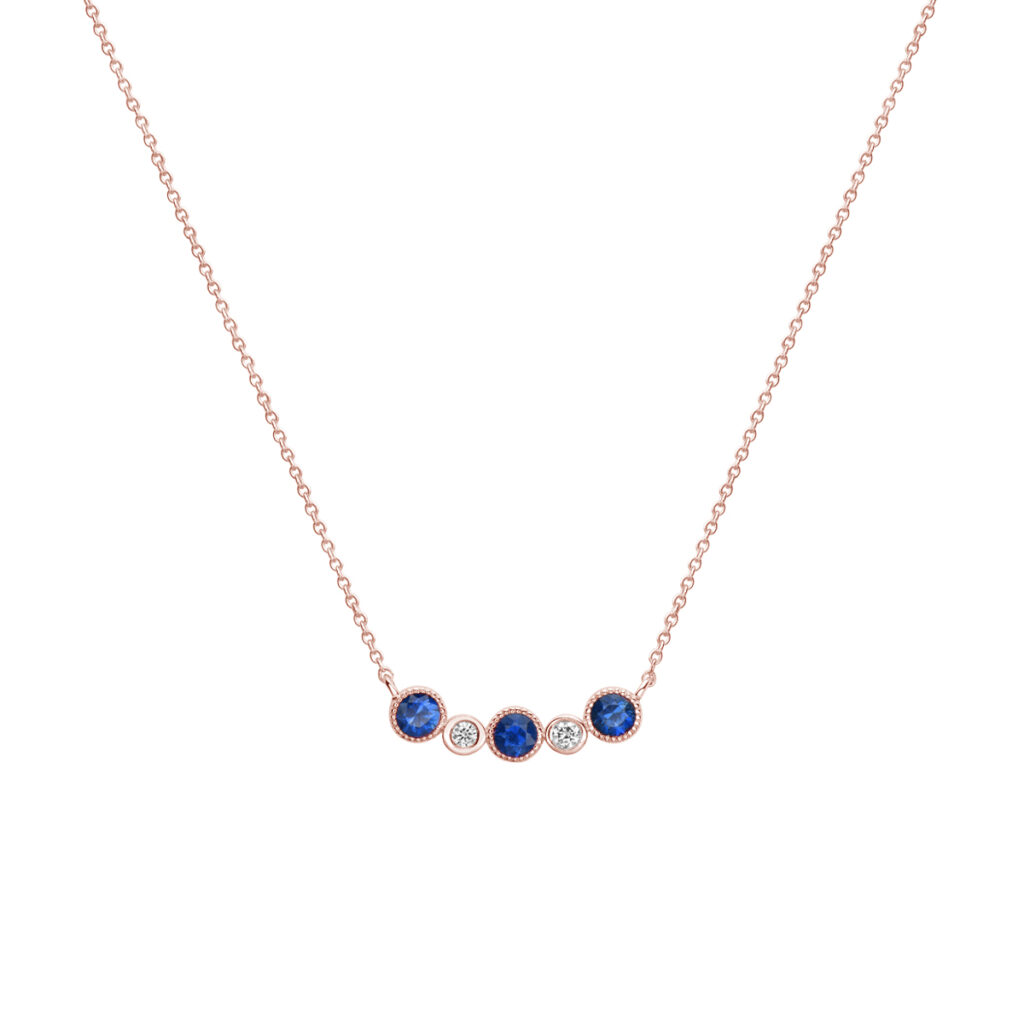 14K Rose Gold Sapphire and Diamond Bezel Milgrain Necklace