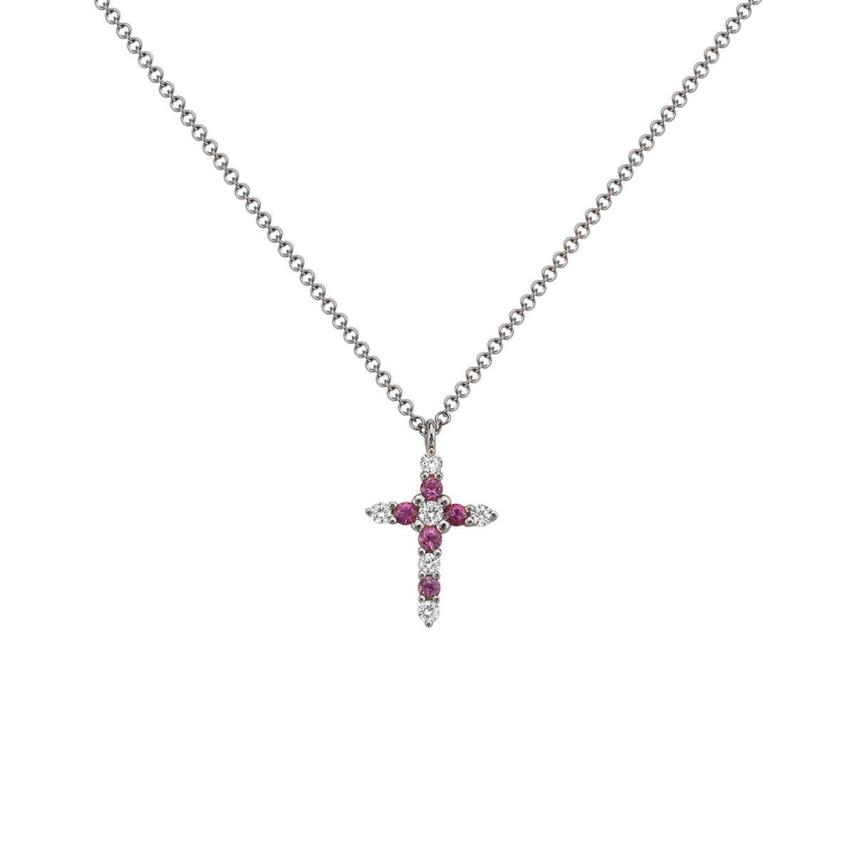 14K White Gold Pink Sapphire and Diamond Cross Pendant with Chain