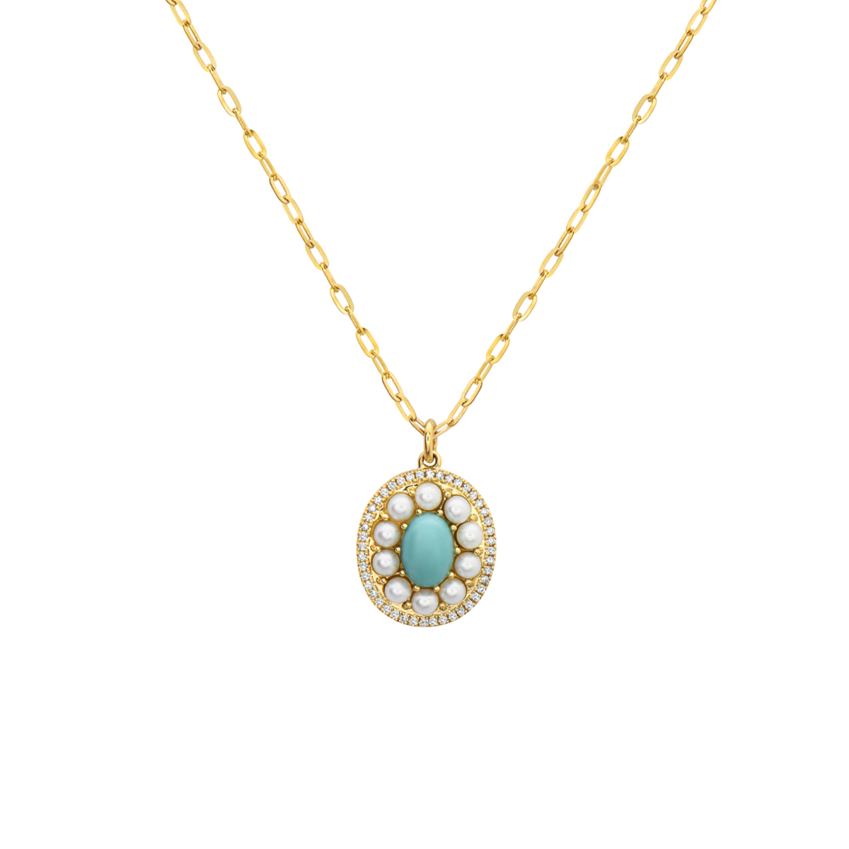 14K Yellow Gold Turquoise, Pearl, and Diamond Necklace