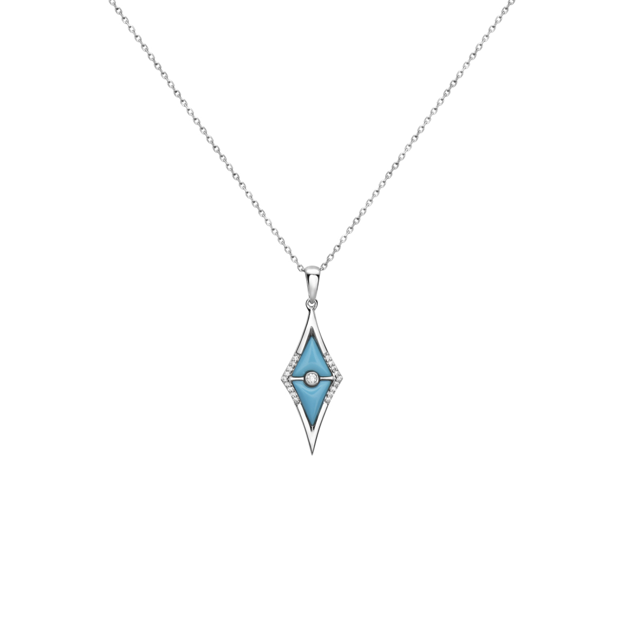 14K White Gold Triangle Turquoise and Diamond Pendant with Chain