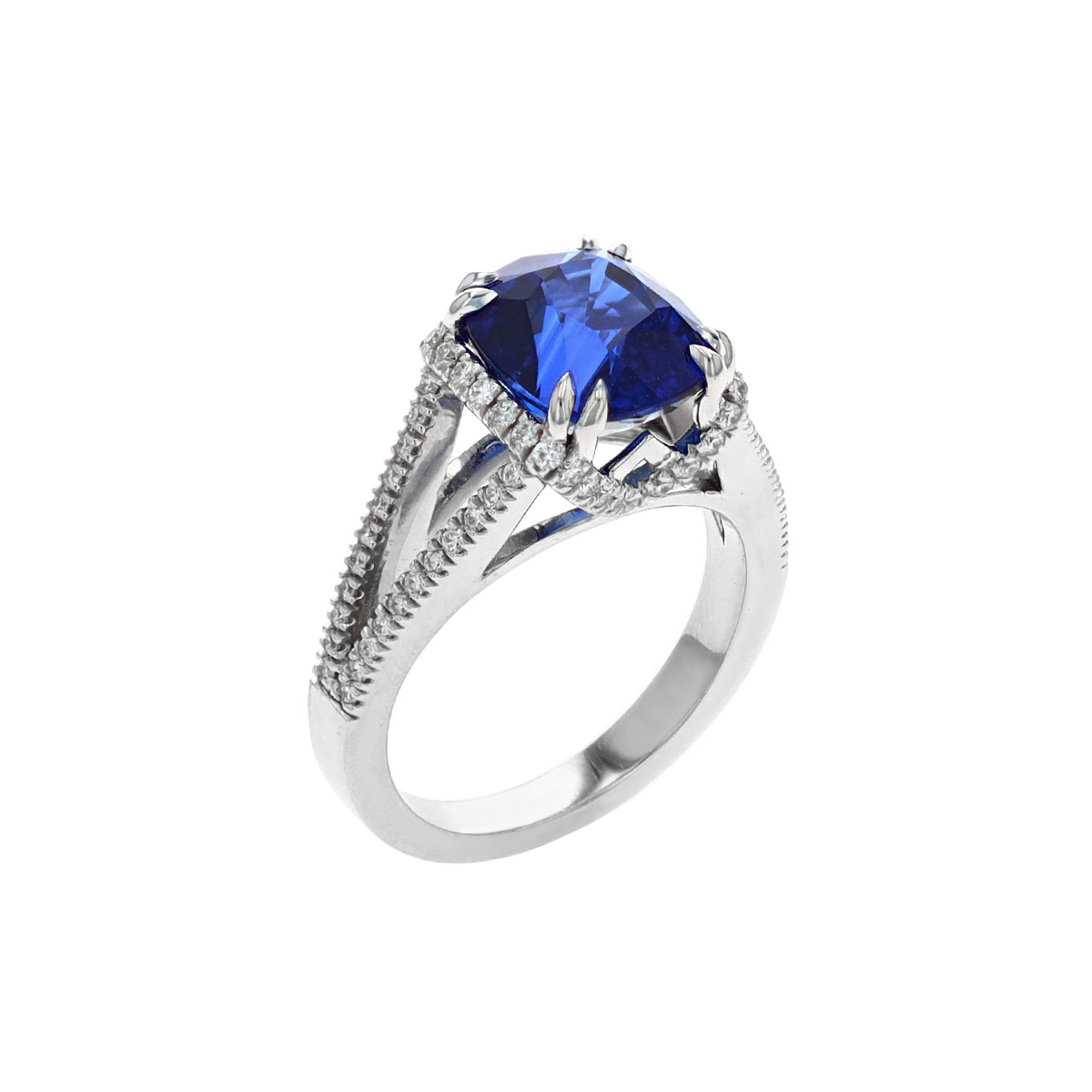 14K White Gold Cushion Sapphire and Diamond Ring