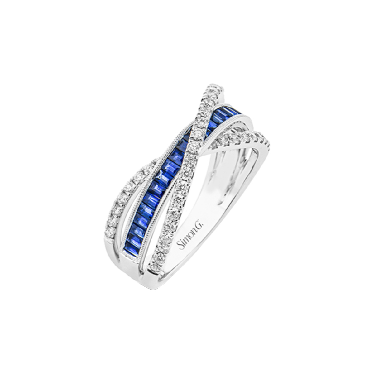 18K White Gold Blue Sapphire and Diamond Crossover Band