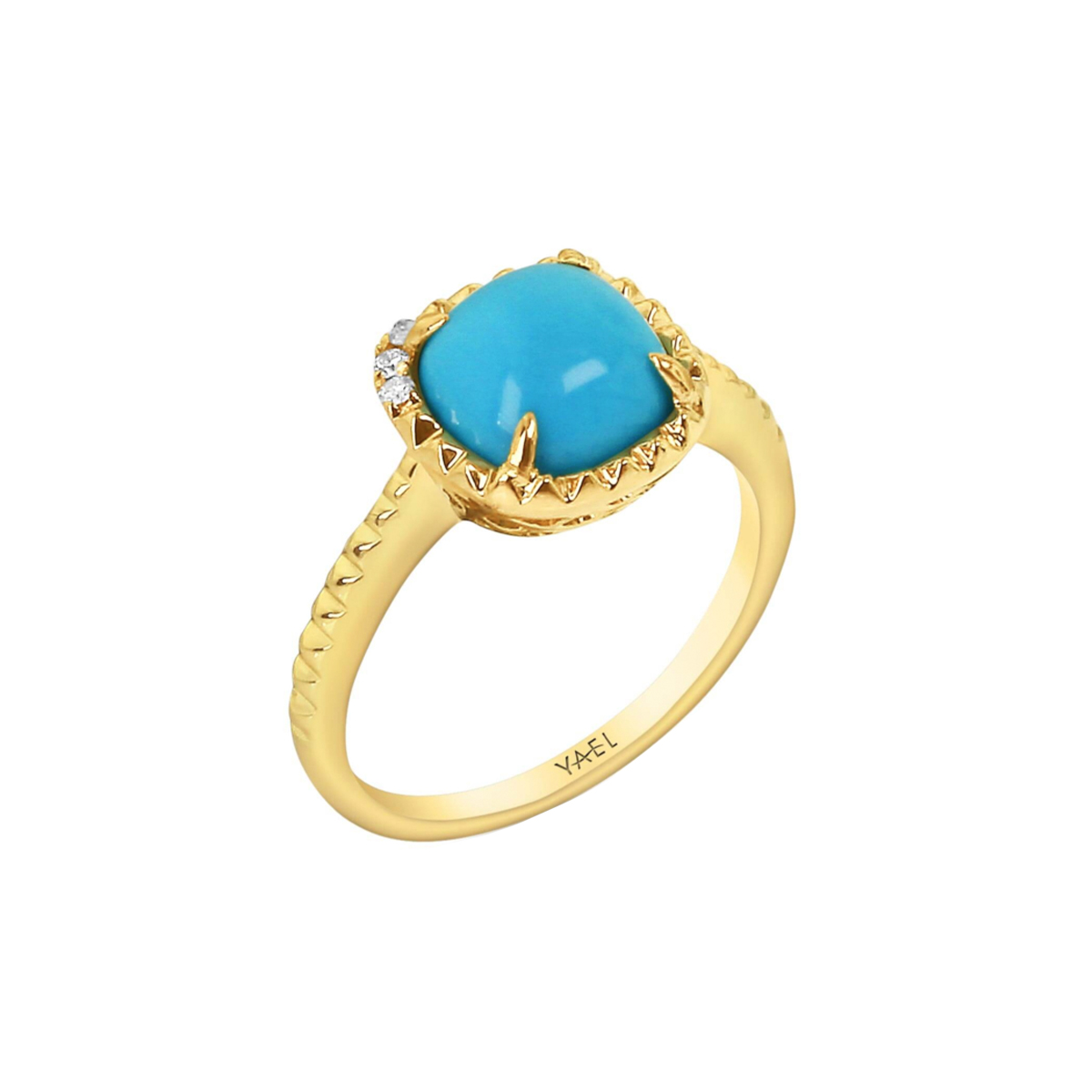 14K Yellow Gold Cushion Cabochon Turquoise and Diamond Ring
