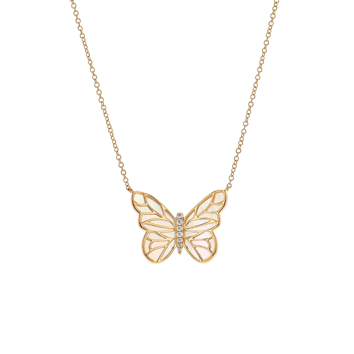 14K Yellow Gold Mother-of-Pearl and Diamond Butterfly Necklace