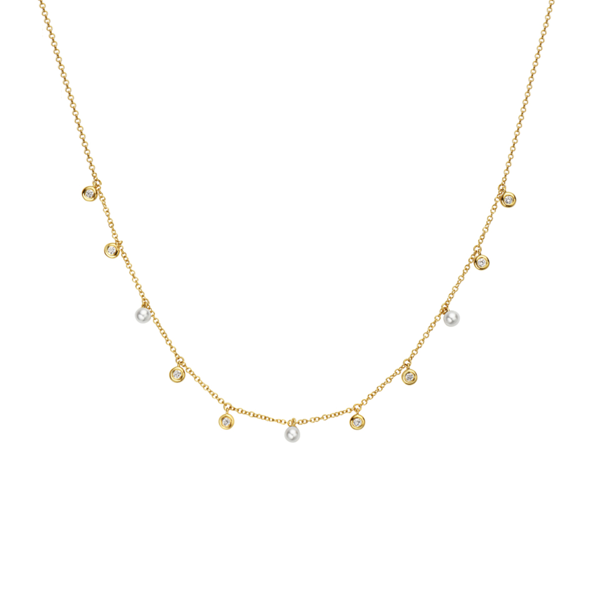 14K Yellow Gold Freshwater Pearl and Diamond Hanging Station Necklace