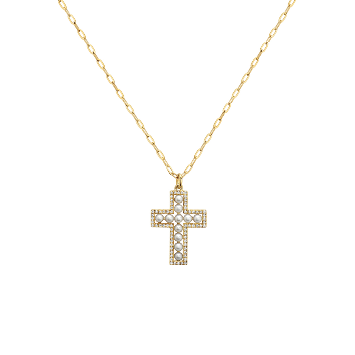 14K Yellow Gold Freshwater Pearl and Diamond Cross Pendant with Chain