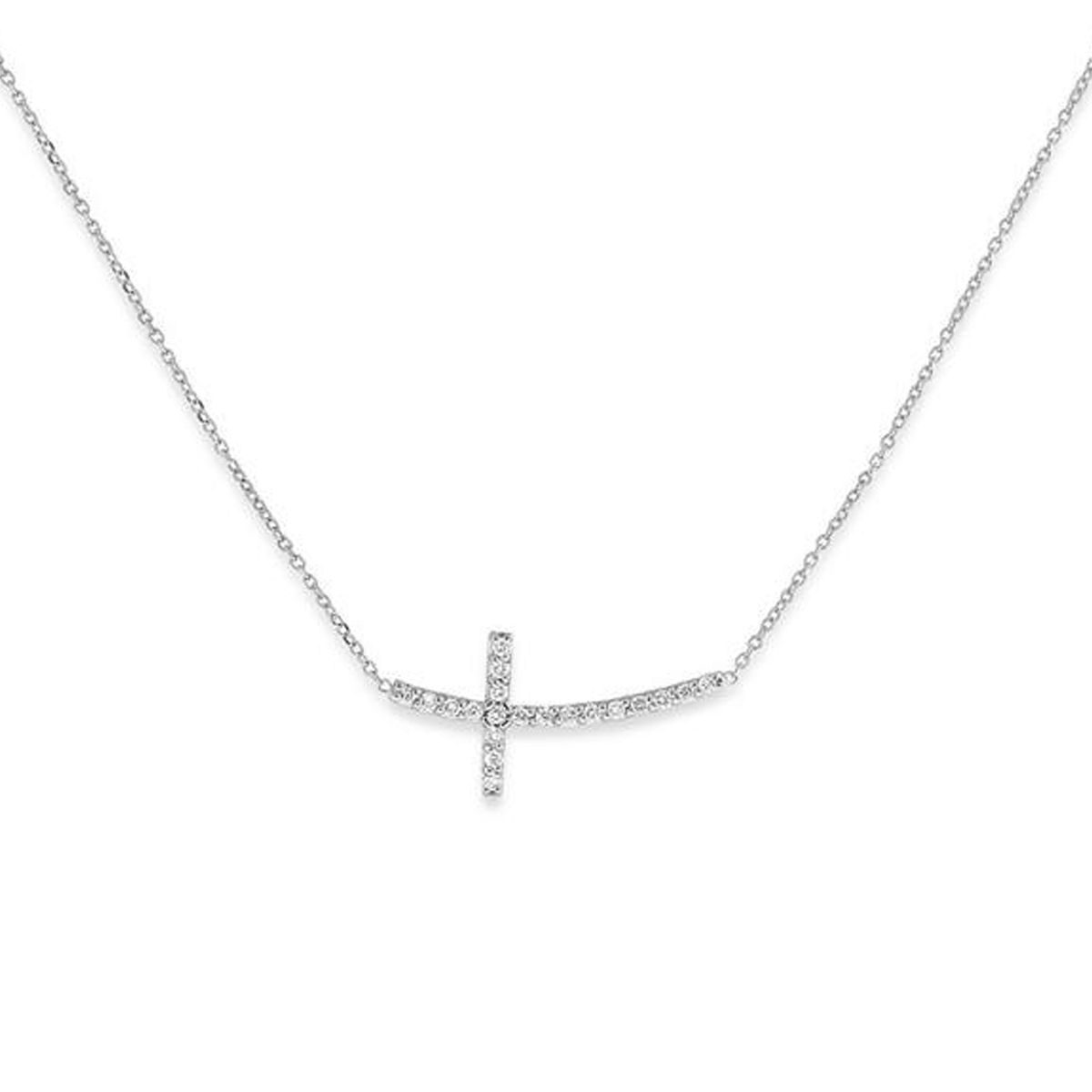 14K White Gold Curved Sideways Diamond Cross Necklace