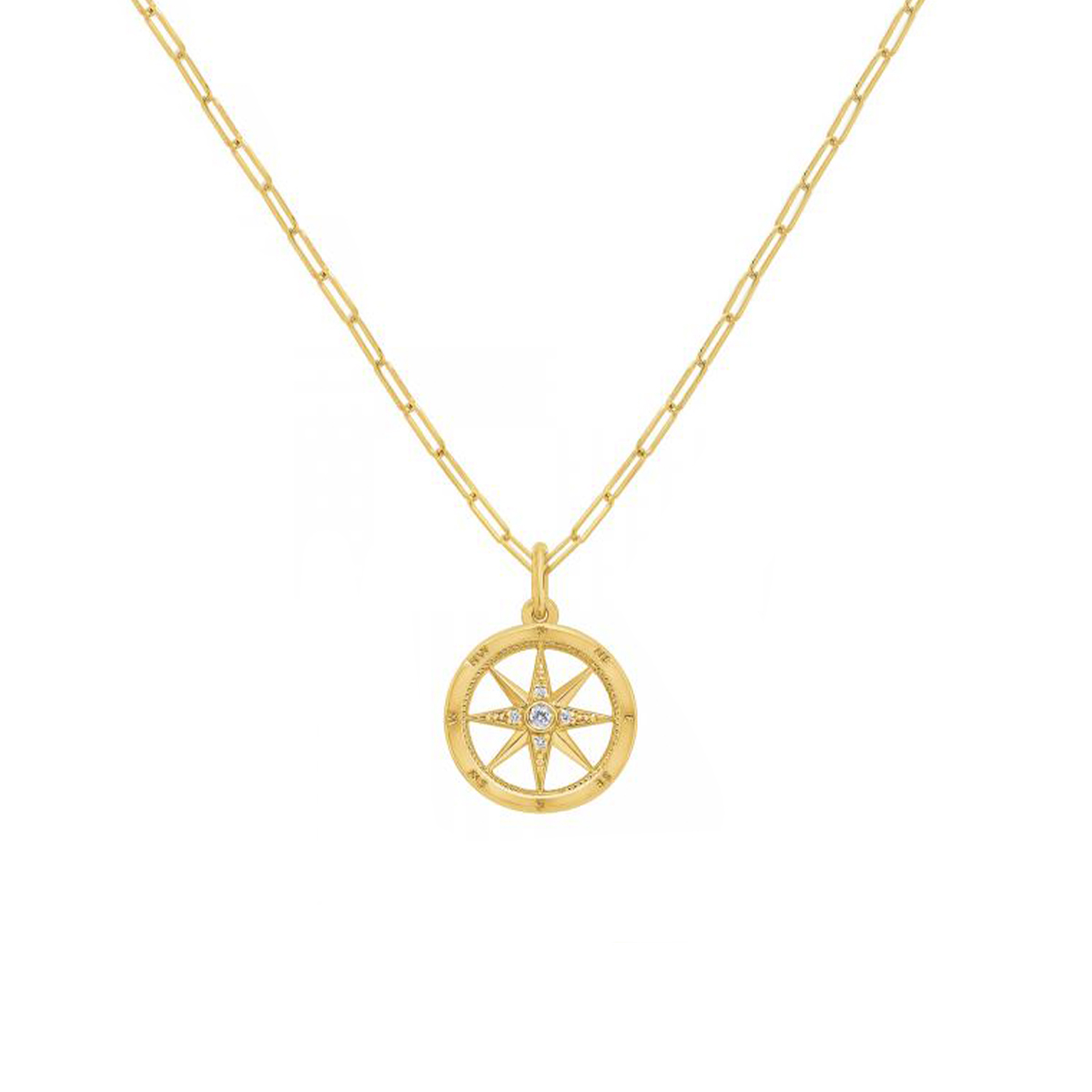14K Yellow Gold Diamond Compass Pendant with Chain