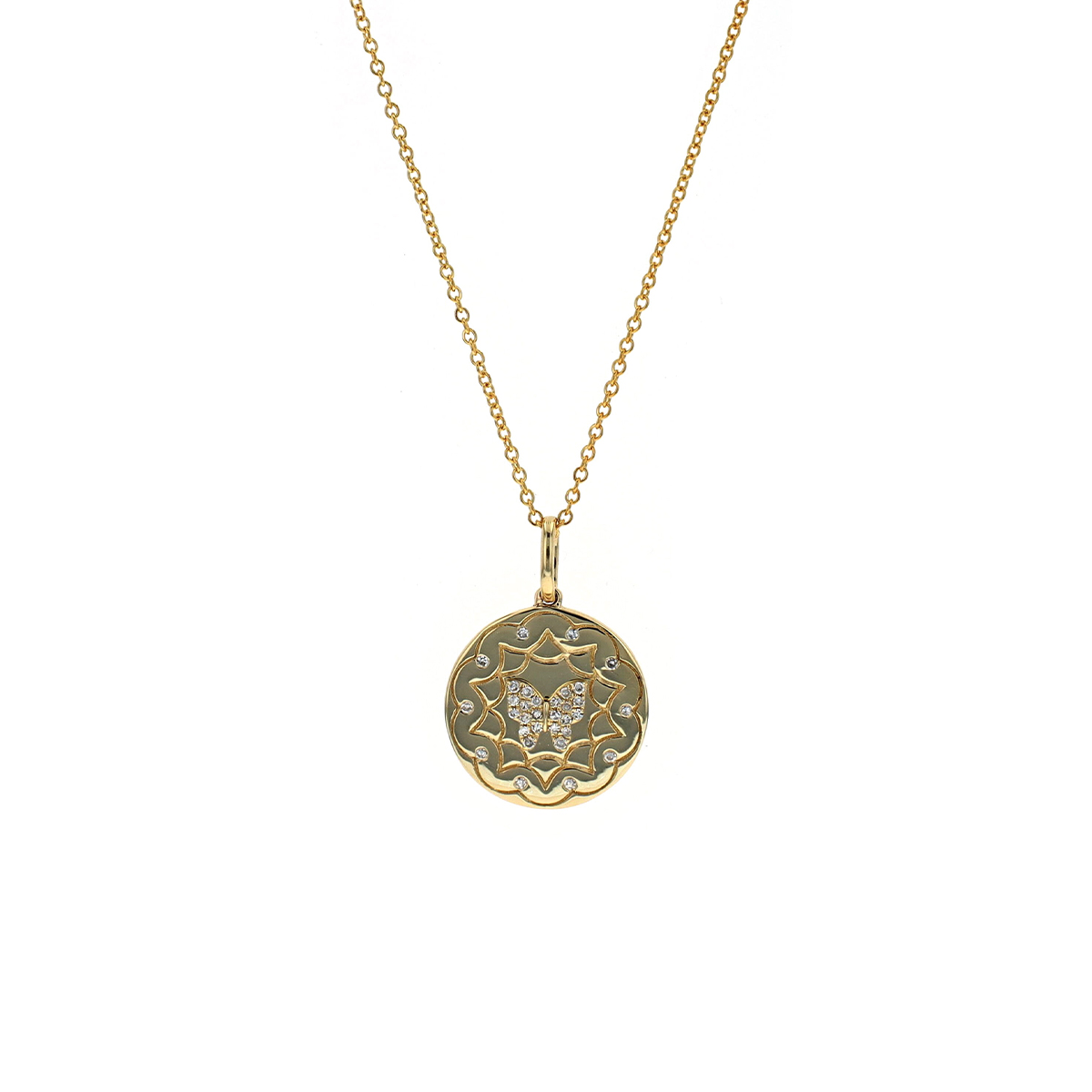 14K Yellow Gold Diamond Butterfly Medallion Pendant with Chain
