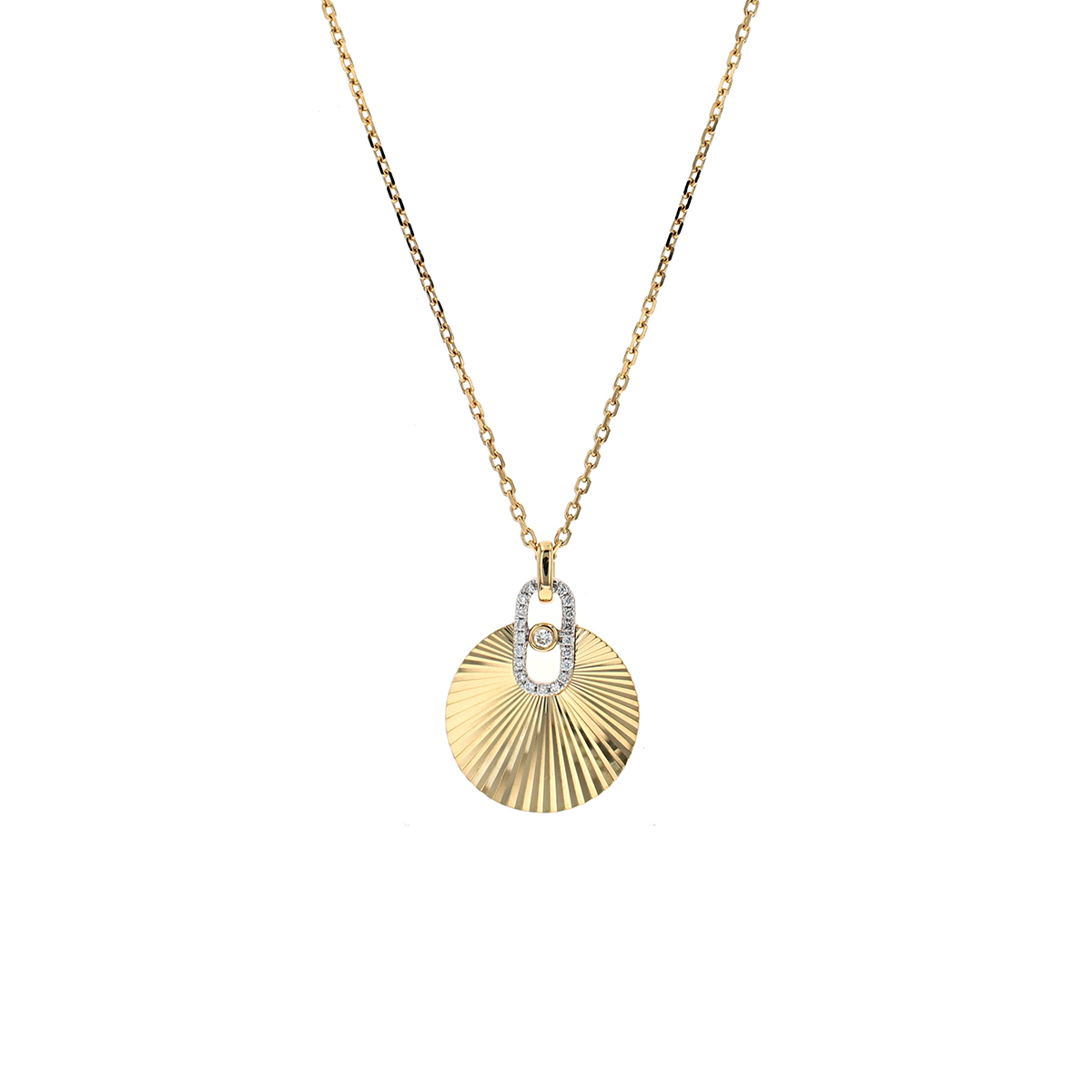 14K Yellow Gold Diamond Pleated Disc Pendant with Chain