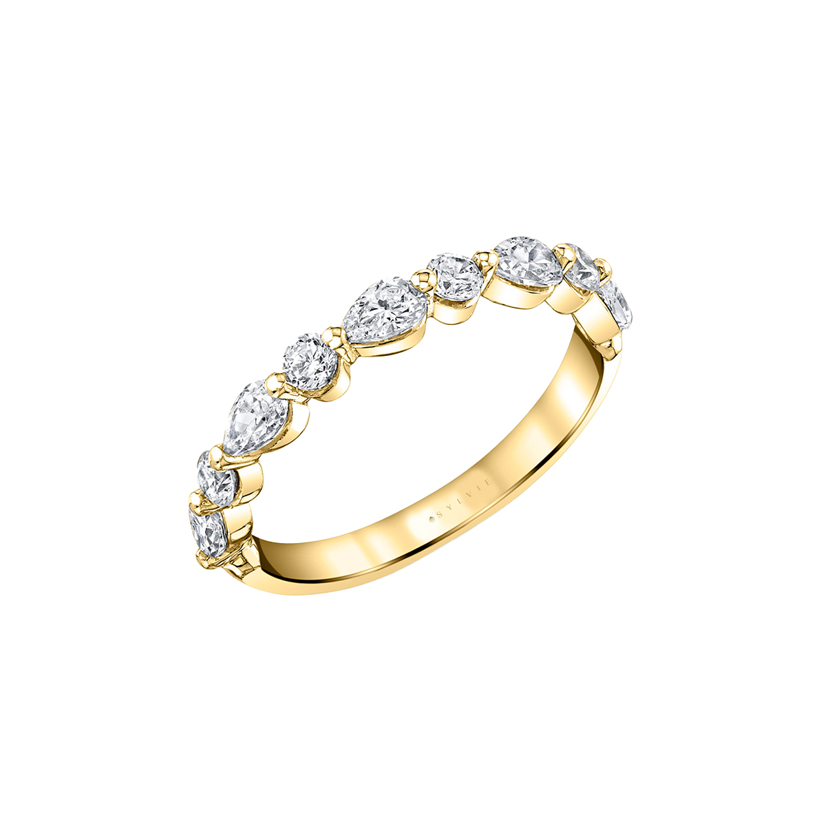 14K Yellow Gold Unique Pear and Round Diamond Wedding Band
