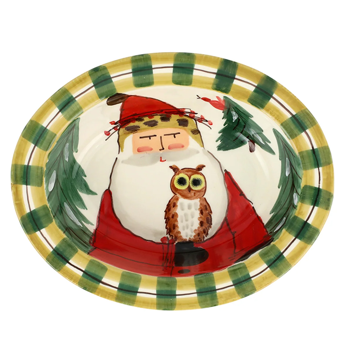 Vietri - Old Saint Nick Small Rimmed Oval Bowl with Owl