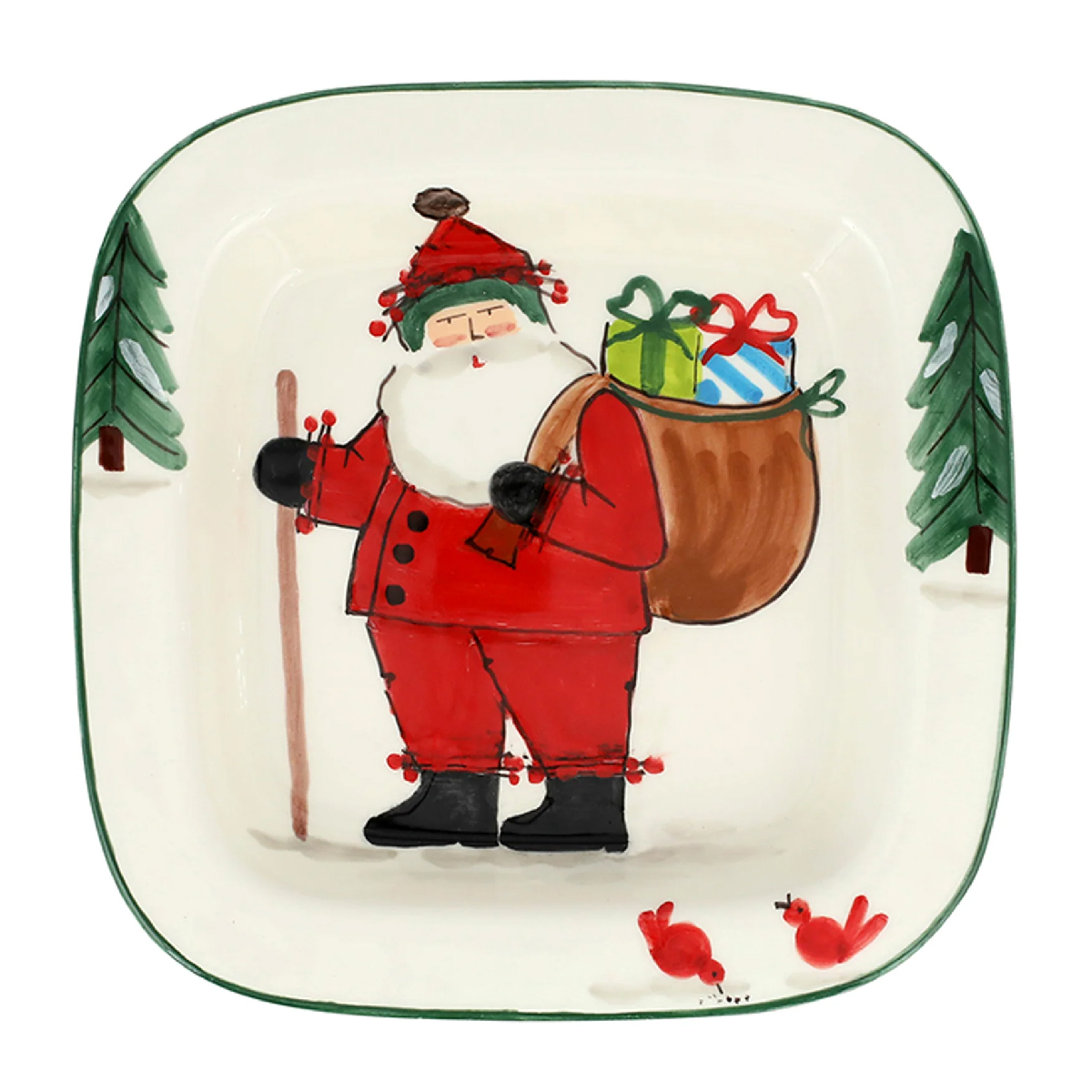 Vietri - Old Saint Nick Small Rimmed Square Platter with Gifts