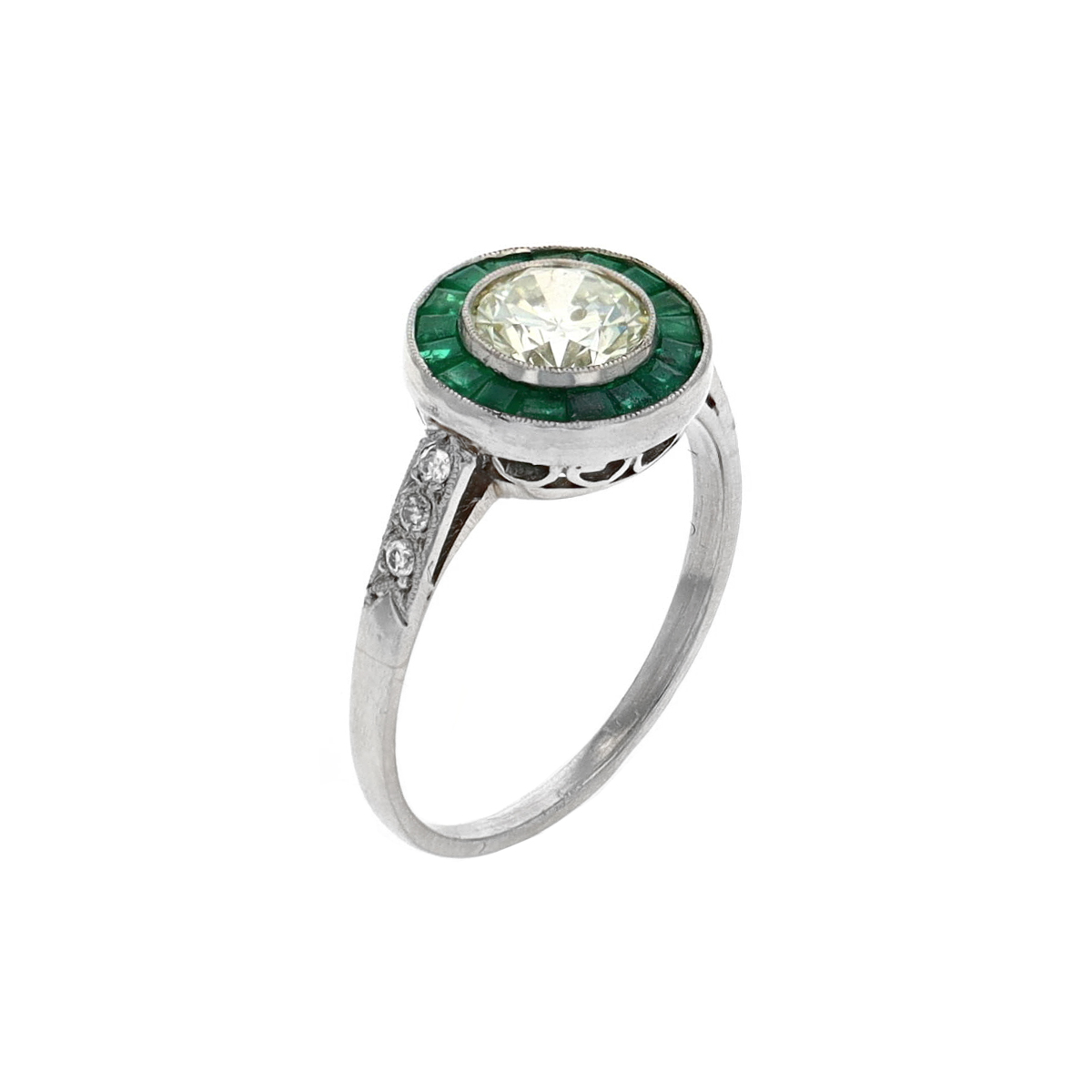 Estate Platinum Diamond and Emerald Halo Ring