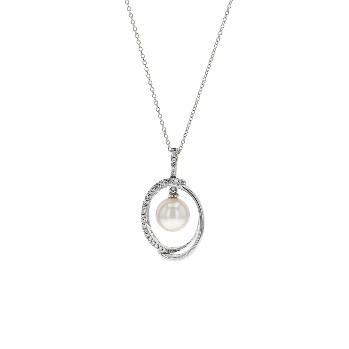 18K White Gold 8.5 mm Pearl and Diamond Pendant with Chain