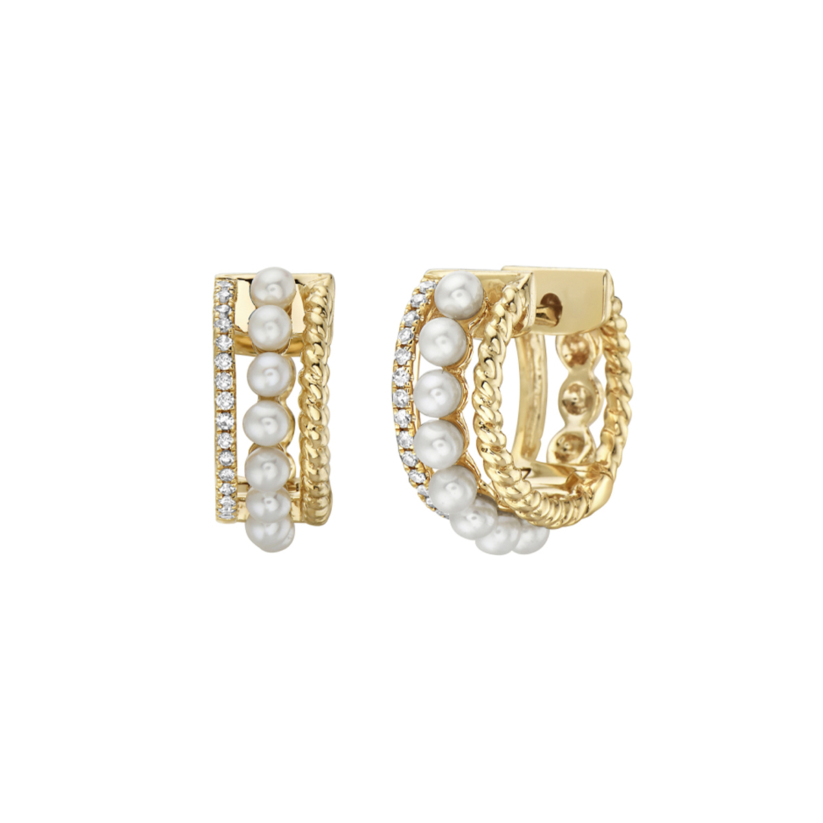14K Yellow Gold Freshwater Pearl and Diamond Hoop Earrings