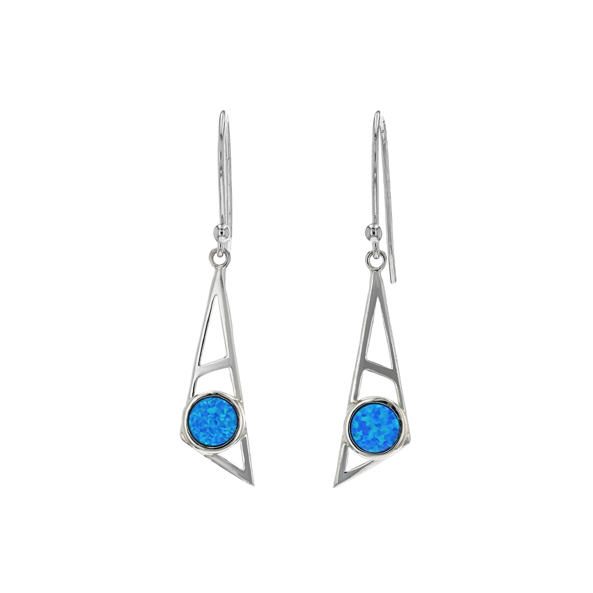 Sterling Silver Round Created Opal Triangular Dangle Earrings