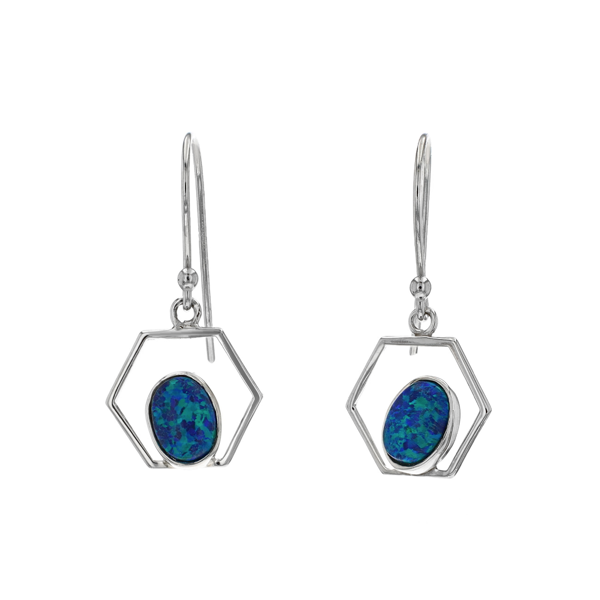 Sterling Silver Oval Created Opal Hexagonal Dangle Earrings
